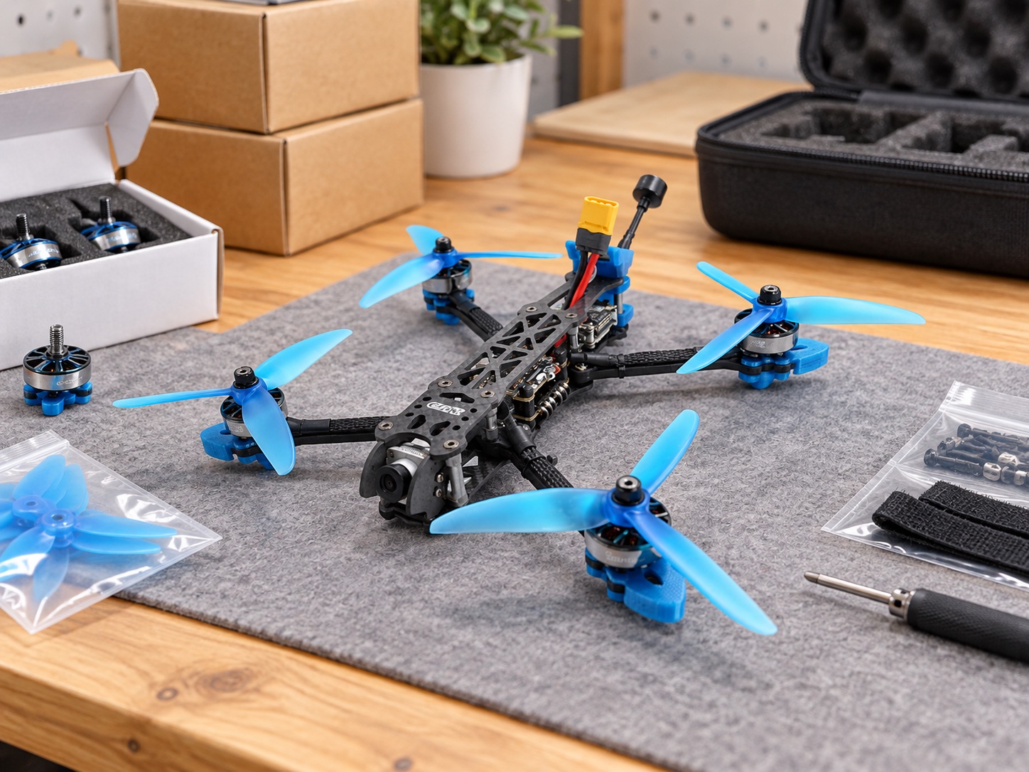 Mark 4 style FPV aircraft with components and protective packaging