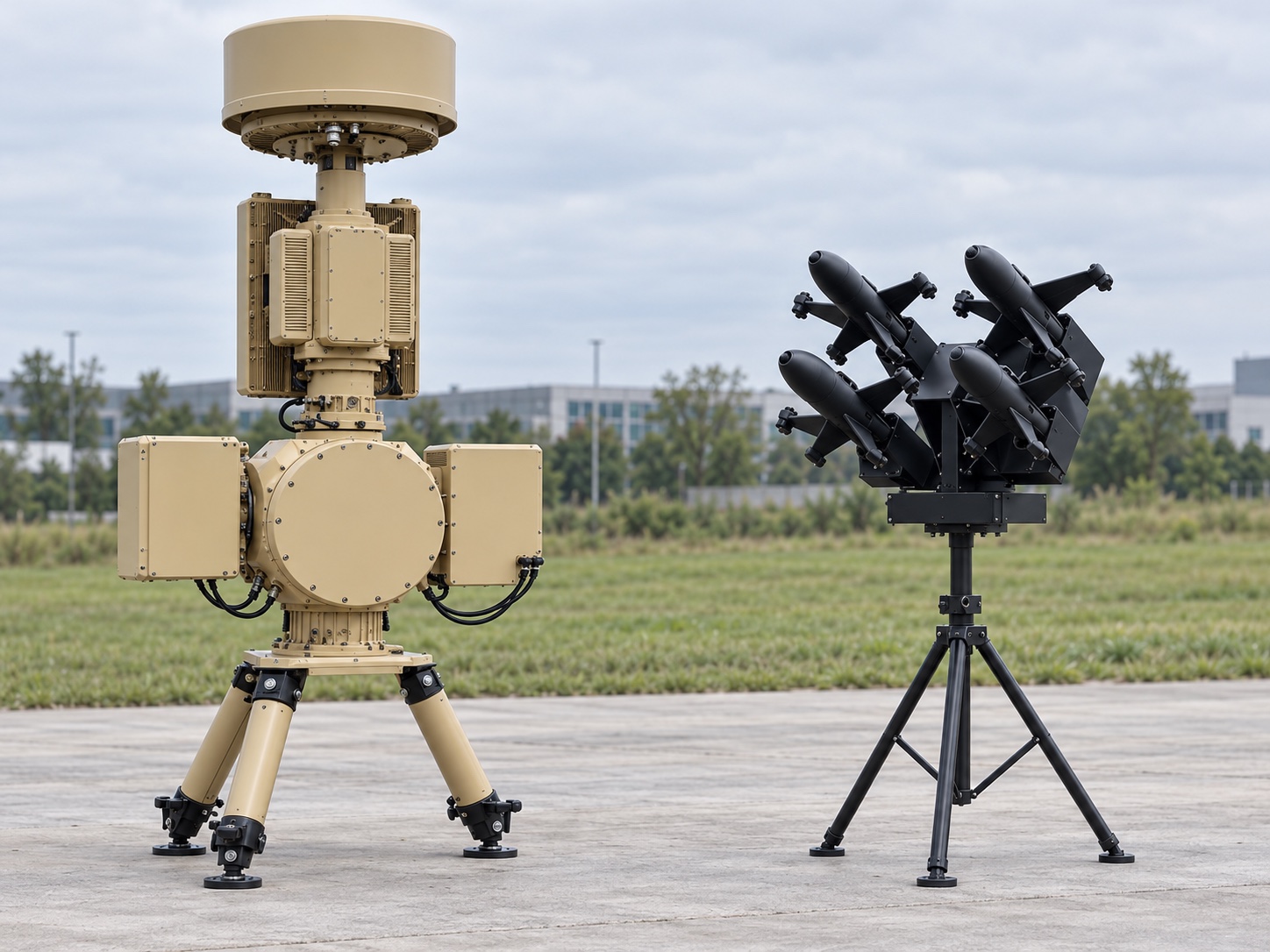 AI-generated exterior visualization of a sand-coloured sensor tower beside four compact interceptor aircraft on a separate rack