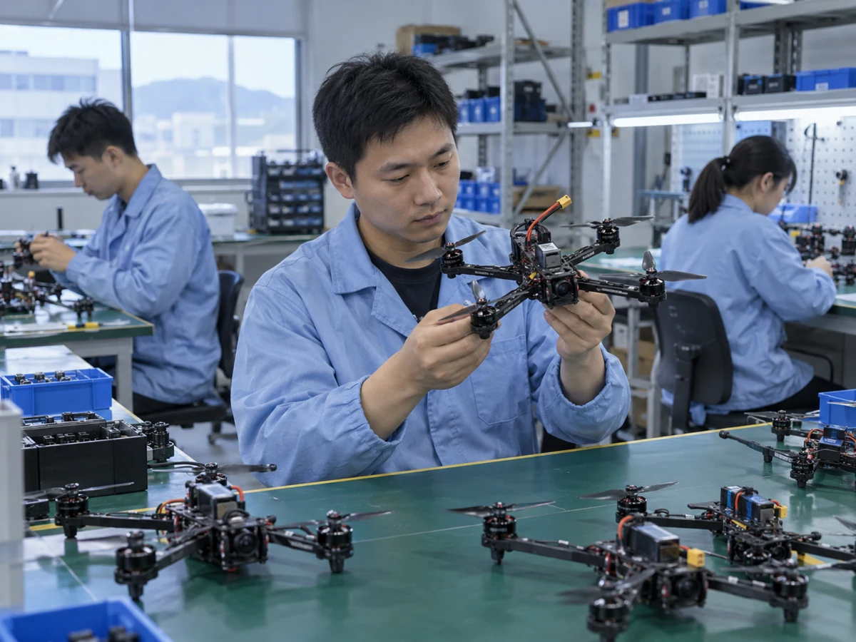 Technicians inspecting FPV drones at a workshop bench
