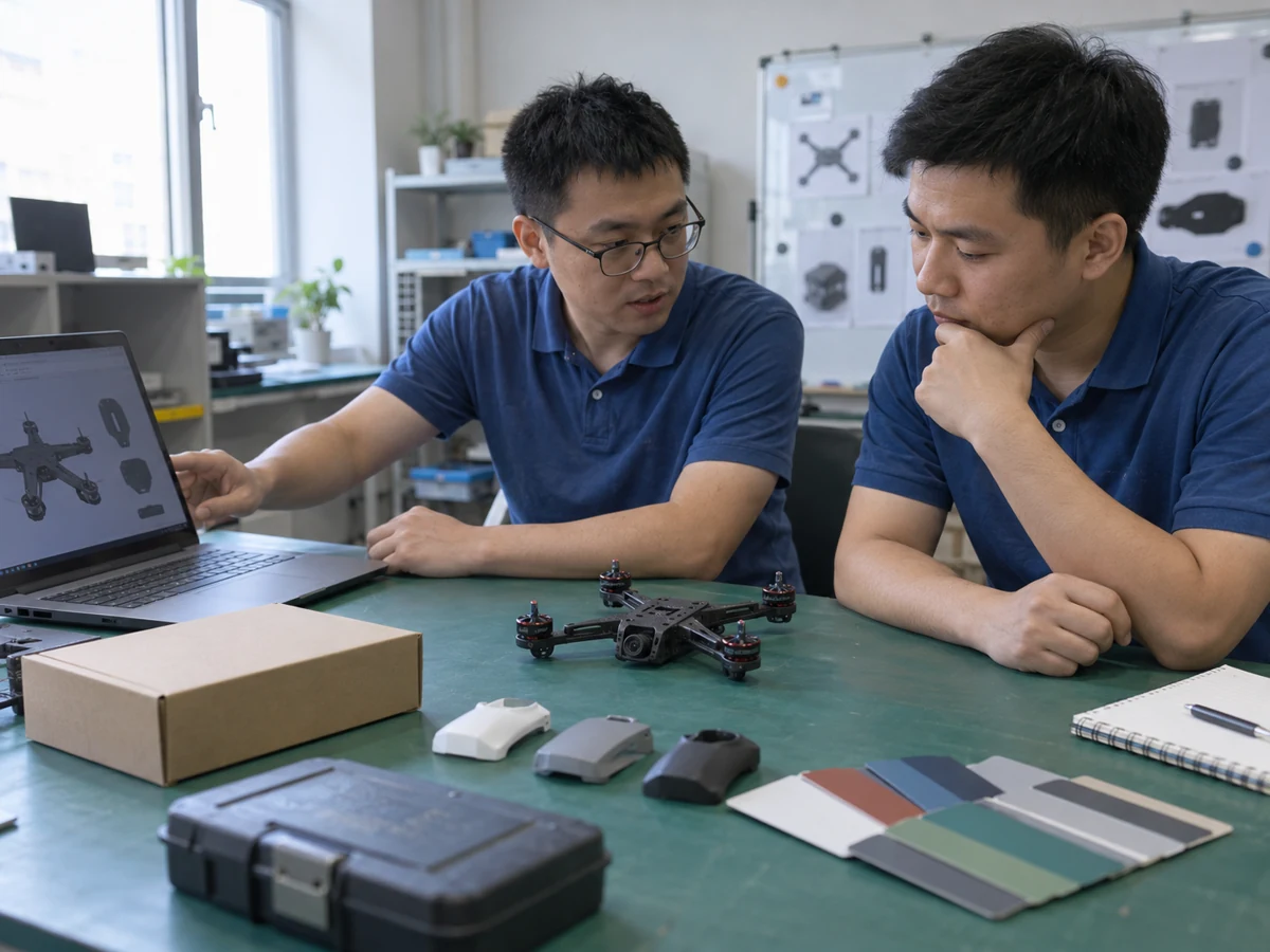 Two engineers discussing FPV product configuration and packaging samples