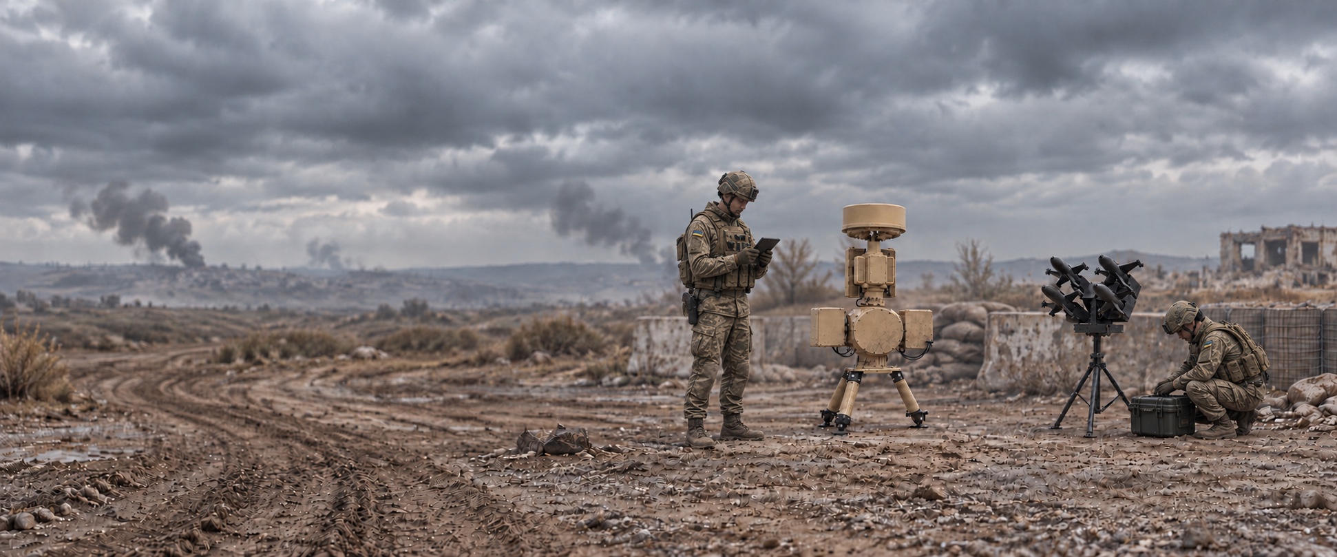 Ukrainian-style field personnel beside radar and interceptor UAV equipment in a fictional battlefield landscape