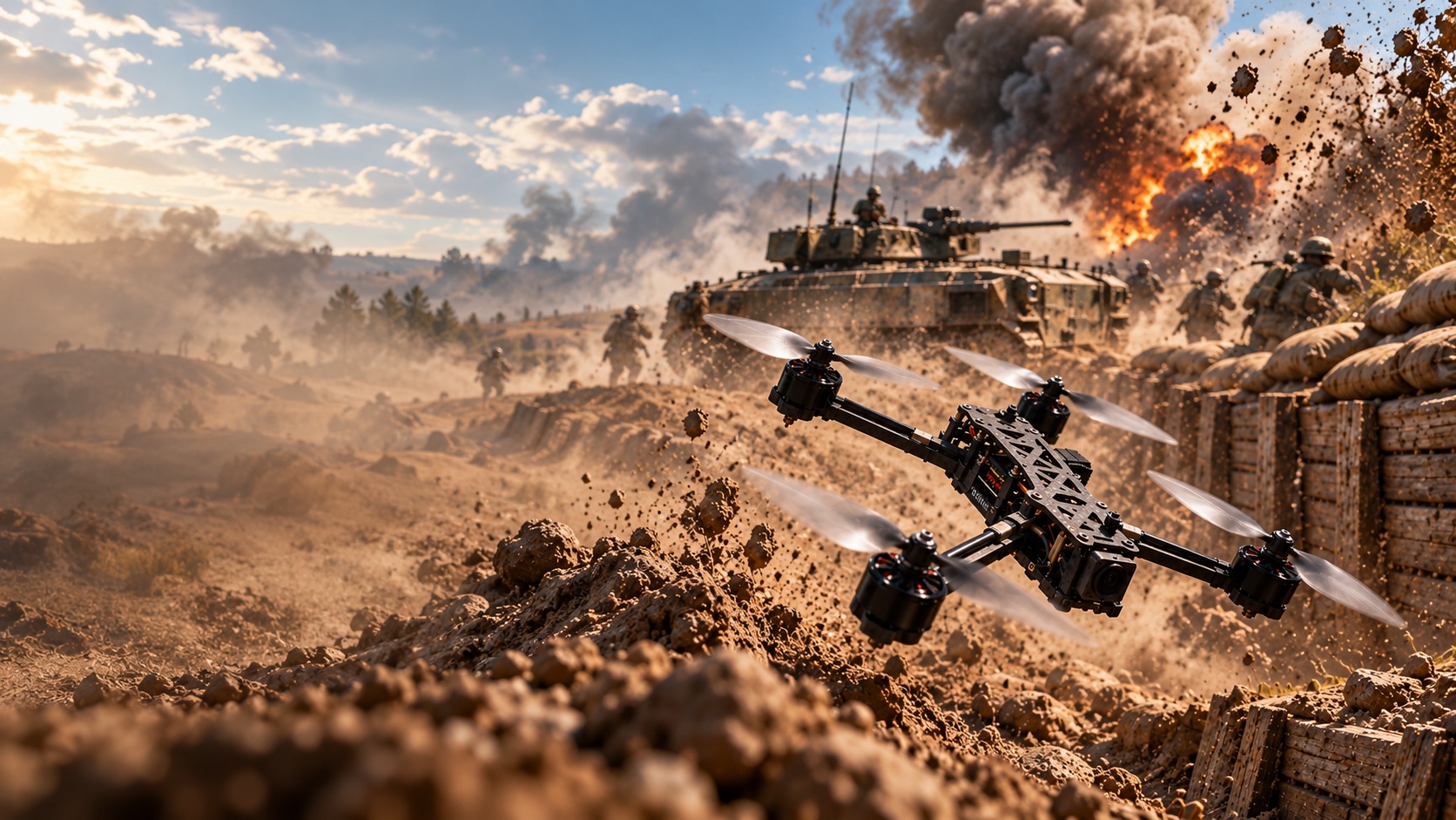 FPV aircraft above terrain in a rendered battlefield scene