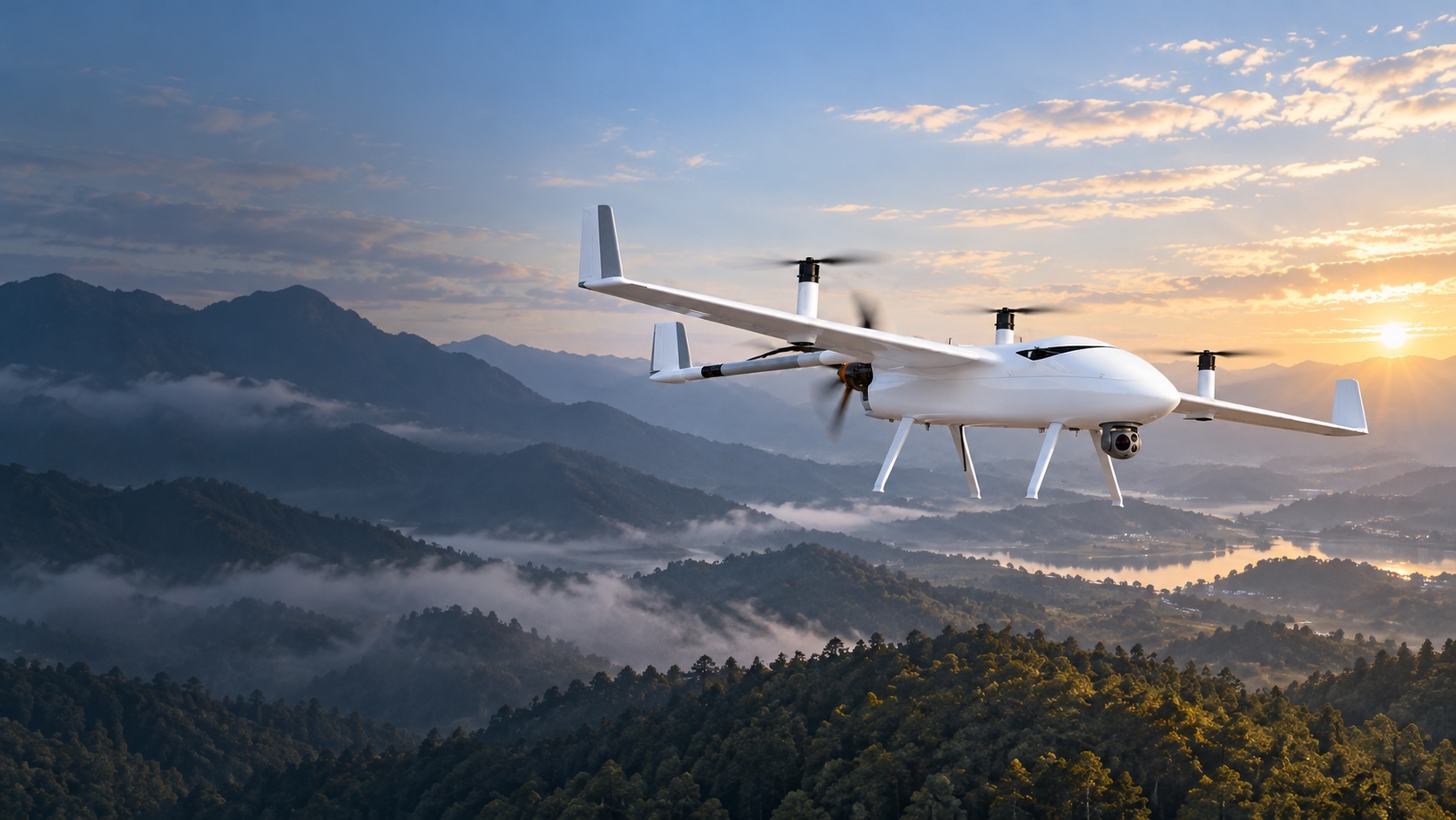 White VTOL reconnaissance aircraft over a mountain valley